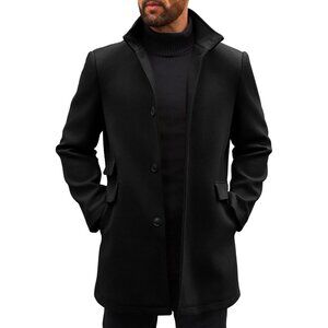 Men's Black Pea Coats Single Breasted Stand Collar Casual Slim Fit Trench